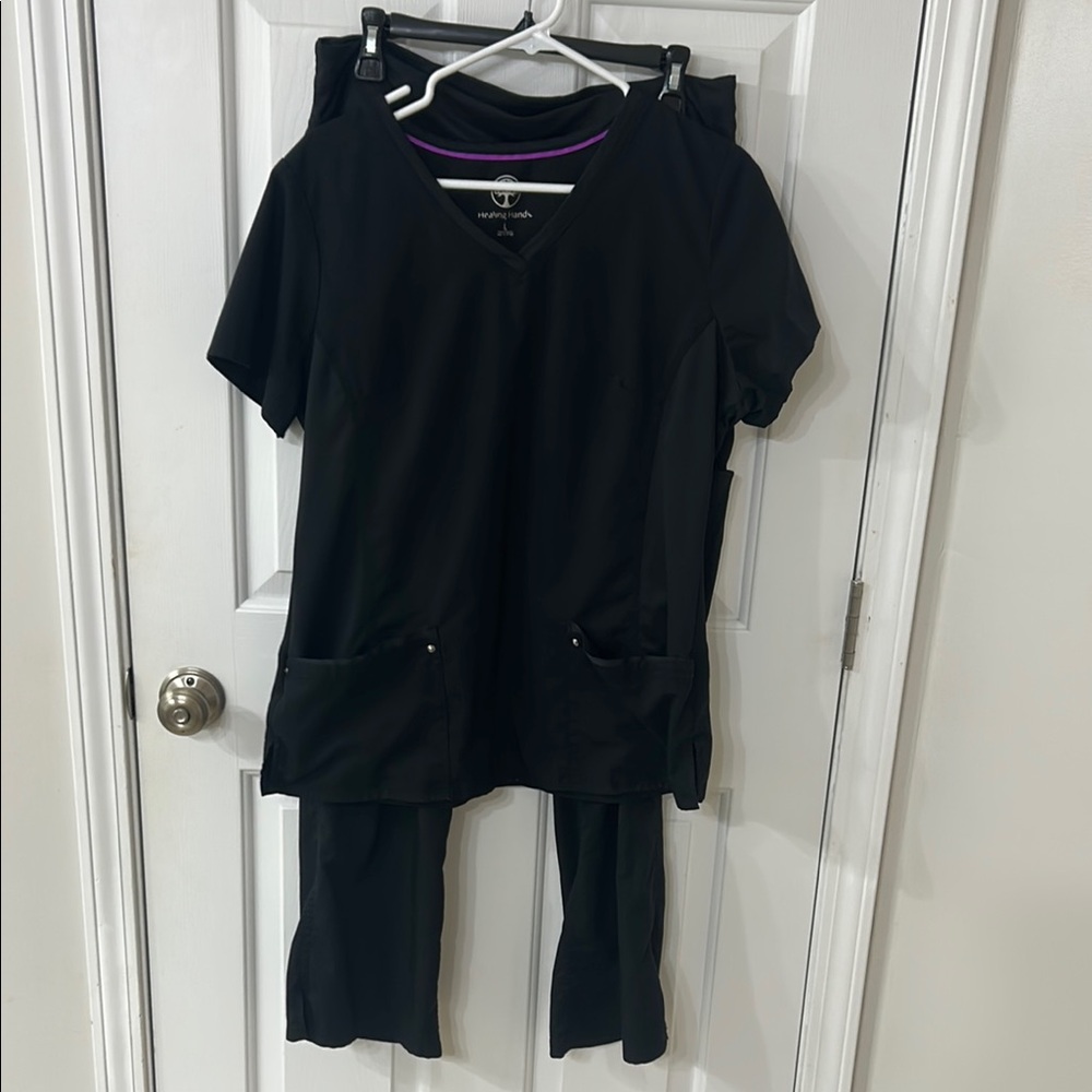Large: Healing Hands Black V-Neck Scrub Top and Pants Set